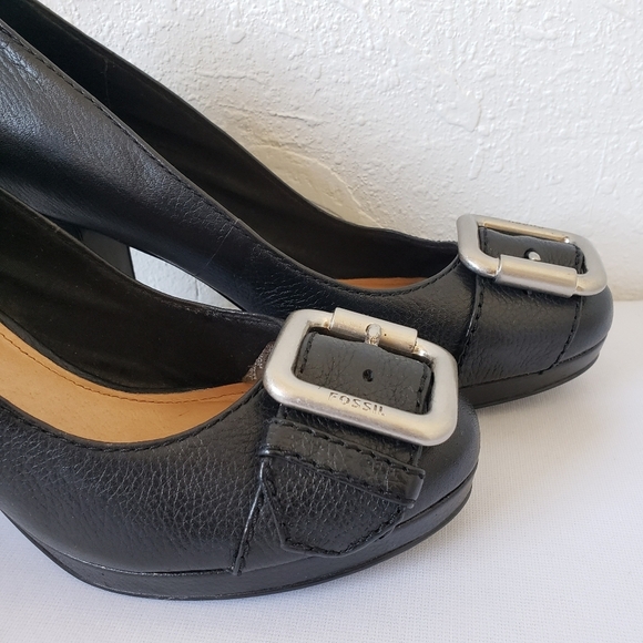 FOSSIL MADDOX Leather Buckle PUMPS Block Heels - Picture 4 of 13